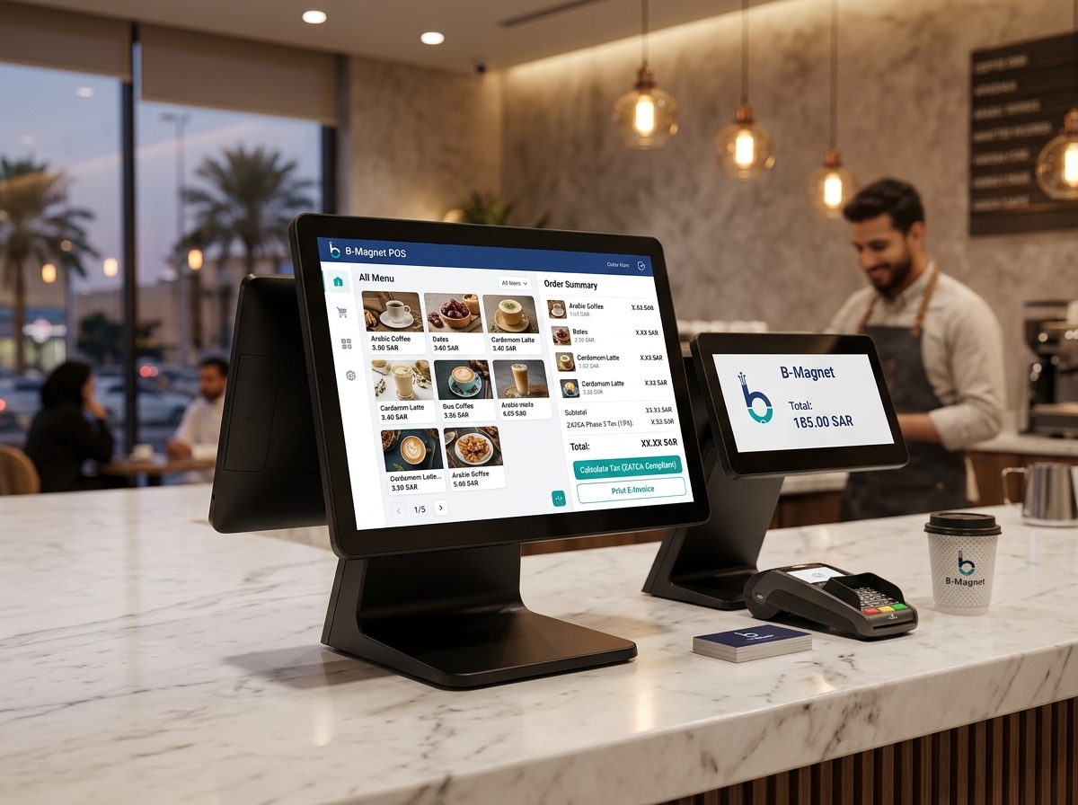 Dual screen POS register at Saudi coffee shop