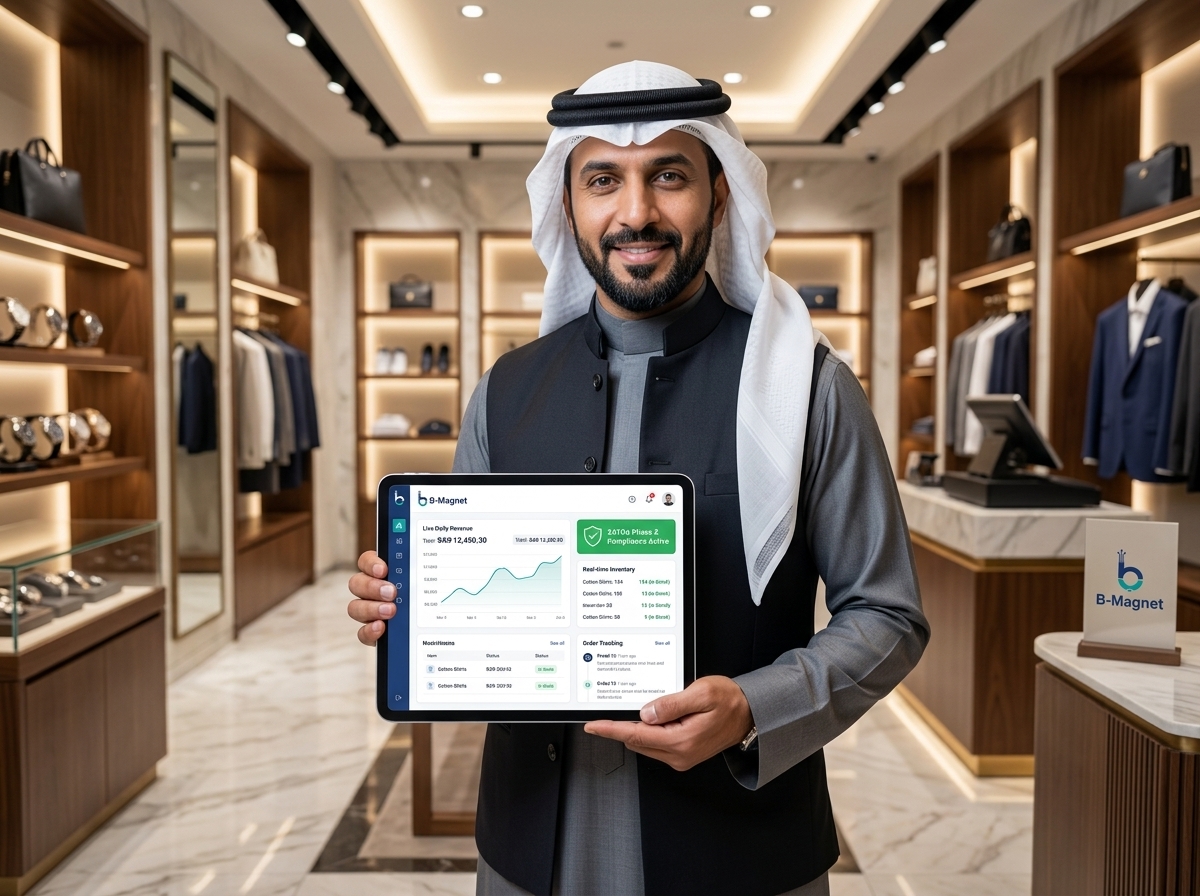 Saudi merchant holding iPad with B-Magnet POS sales analytics